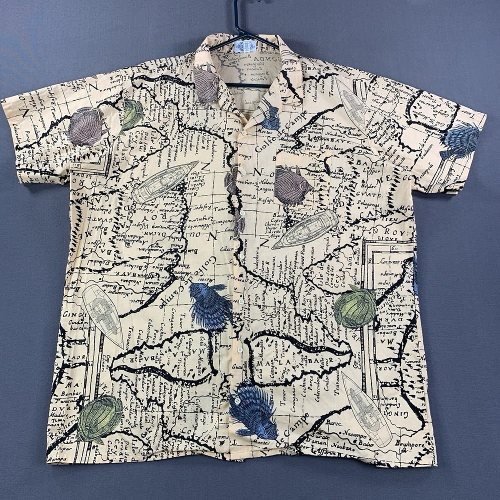 VTG Design Concepts Men 2XT Tall AOP Fish Marina Ocean Boat Short SLV‎ Button Up